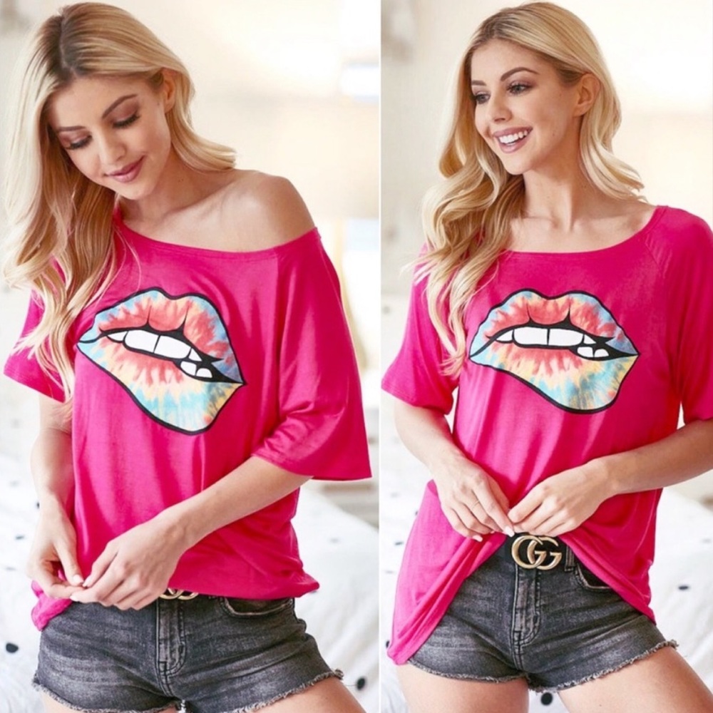 FUCHSIA PINK RAGLAN TIE DYE LIP SHORT SLEEVE TOP